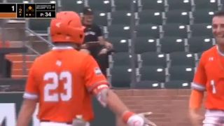 College Baseball Player Damian Rodriguez Jumps Over The Catcher to Score