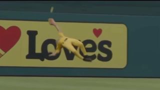 Anthony Cruz with Savannah Bananas Baseball makes incredible backflip catch!